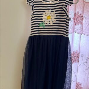 Striped Navy and White Kids Dress with Daisy Appliqué